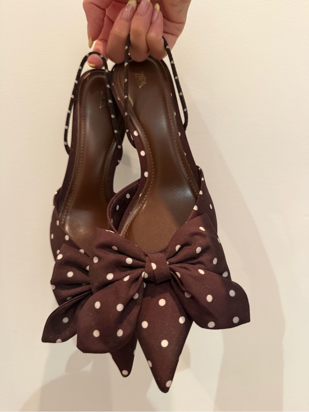 Zara Brown Polka Dot Bow Pointed Slingback Heels